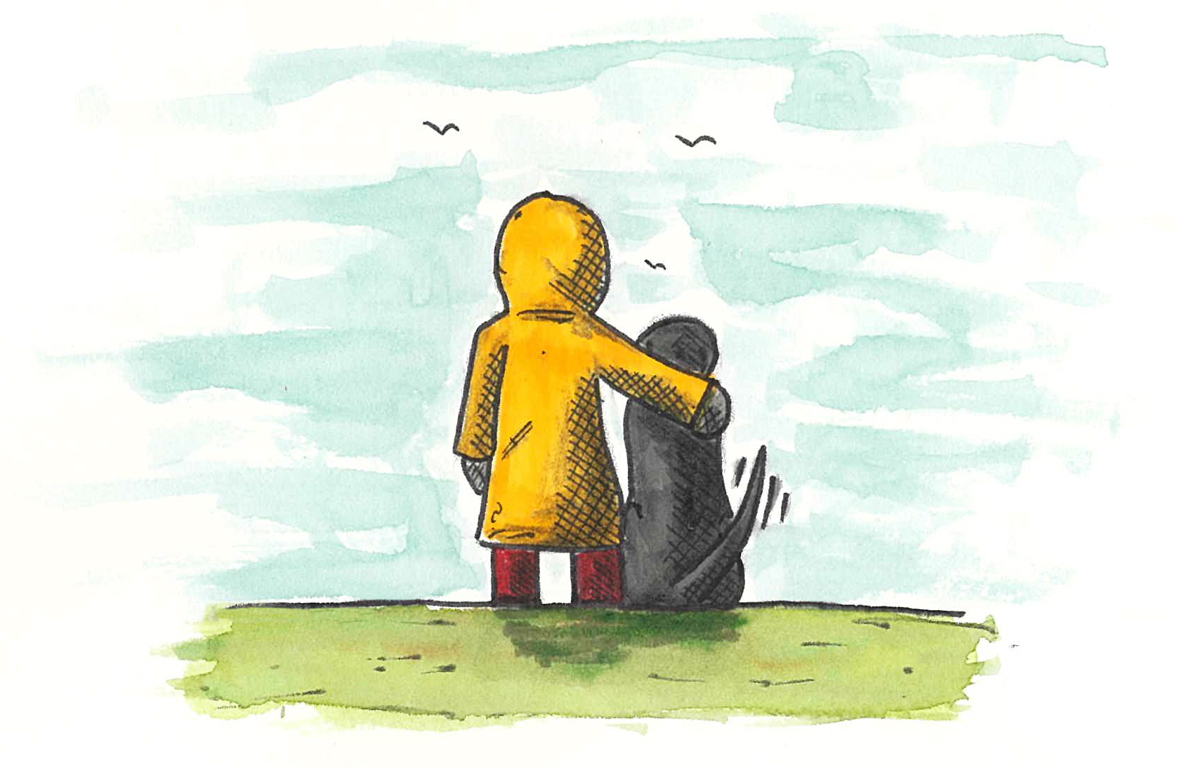 Child in yellow raincoat sitting with black dog looking out at horizon
