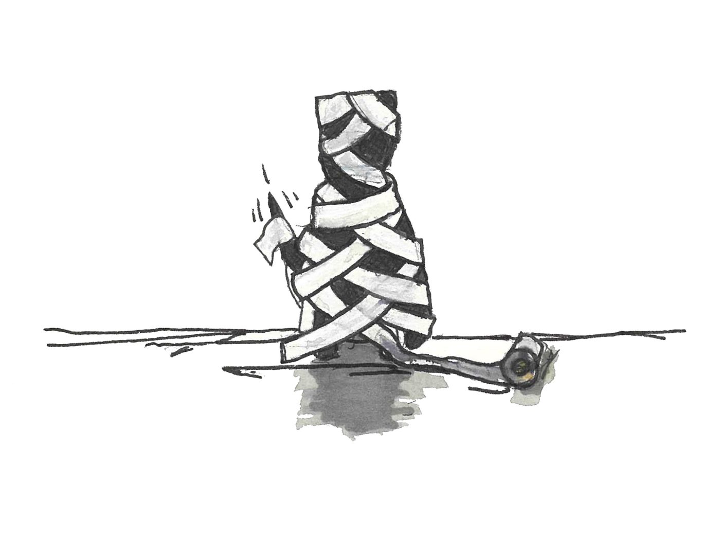 Black dog wrapped in bandages, sitting beside a snail