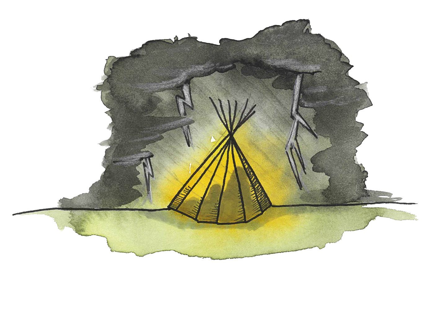 A tent glowing warmly beneath dark storm clouds